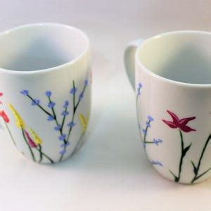 Wild Flower Coffee Mugs Hand Painted Mugs With Wild Flowers Set Of