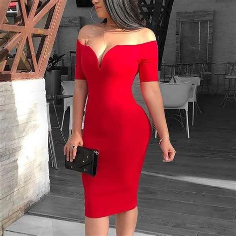 Women Elegant Sexy Red Cocktail Midi Party Dress Solid Off Shoulder