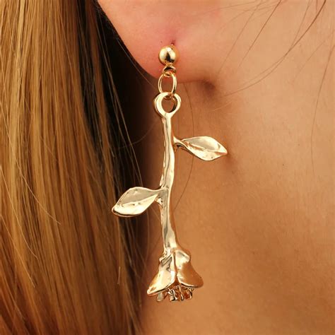Rose Earrings 2019 Flower Dangle Earrings Flower Gold Leaf Statement