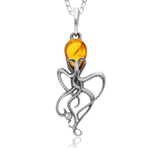 Octopus Necklace In Silver And Amber Octopus Pendant Etsy Uk