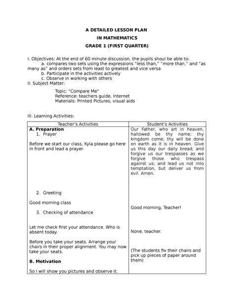 A Detailed Lesson PLAN IN Mathematics A DETAILED LESSON PLAN IN MATHEMATICS GRADE FIRST