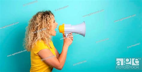 Angry Woman Screams With Loudspeaker Angry Expression Stock Photo