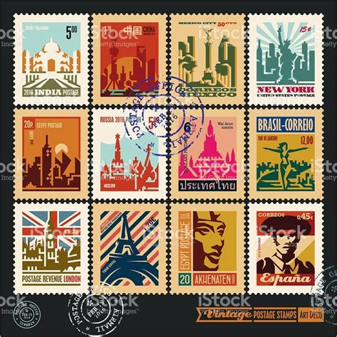 Postage Stamps Cities Of The World Vintage Travel Labels And Badges