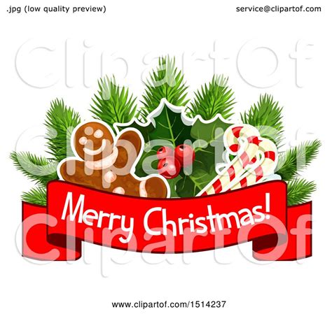 Clipart Of A Gingerbread Man With Holly And Candy Canes Over A Merry
