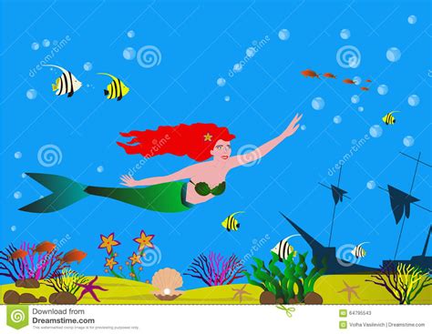 Beautiful Mermaid With Red Hair In The Sea Bottom With Shells Algae