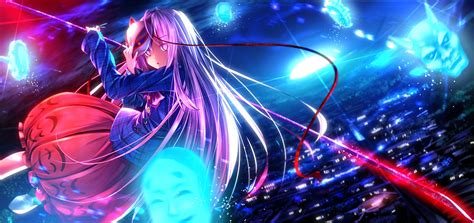 Video Games Clouds Touhou Night Flying Moon Skirts Long Hair Ribbons Weapons Oni