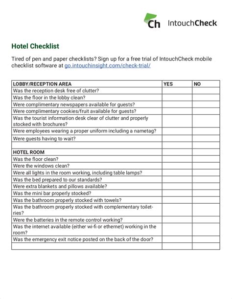 Housekeeping Hotel Room Inspection Checklist