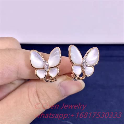 K Rose Gold Van Cleef Arpels Two Butterfly Earrings White Mother Of
