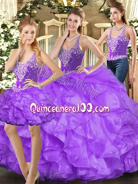 Straps Sleeveless Lace Up 15th Birthday Dress Eggplant Purple Tulle