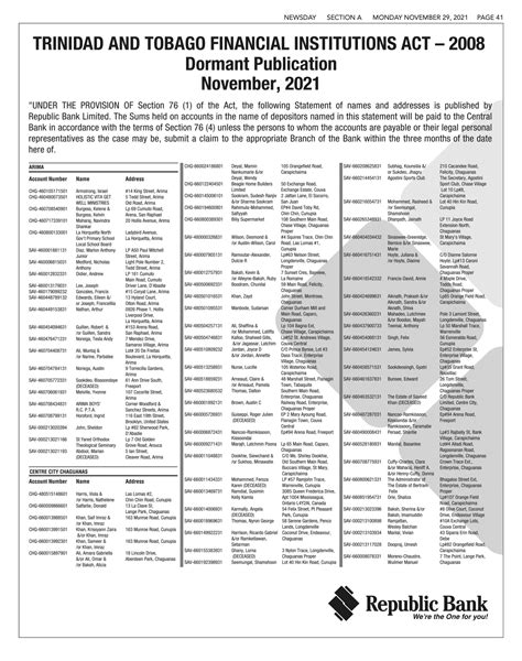Republic Bank – T&T Financial Institutions Act – 2008 – Dormant