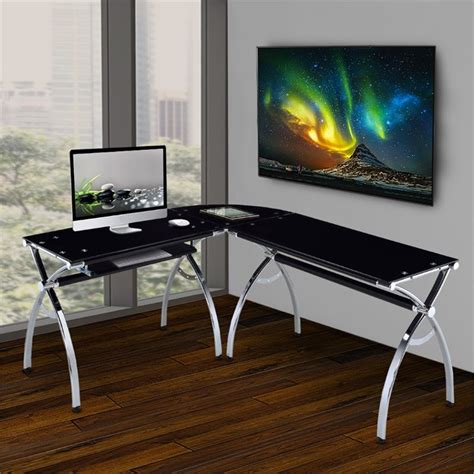 Techni Mobili L Shaped Glass Desk With Chrome Frame In Black Rta 0039lc Bk