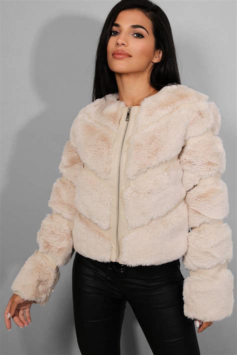beige faux fur panelled cropped jacket singleprice