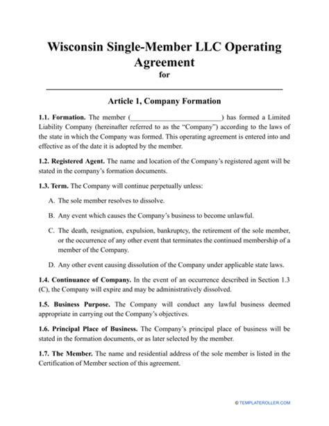Wisconsin Single Member Llc Operating Agreement Template Download