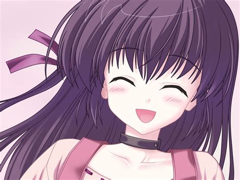 Anime Wallpaper Sola Shihou Matsuri Open Mouth Smile Purple Hair Eyes