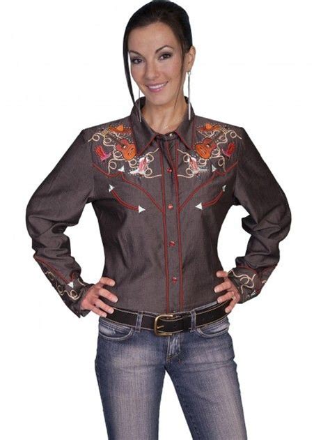 Scully® Womens Charcoal Country Western Embroidered Long Sleeve Snap Western Show Shirt Ajs