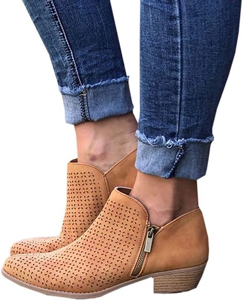 Womens Perforated Ankle Boots Cut Out Chunky Block Low