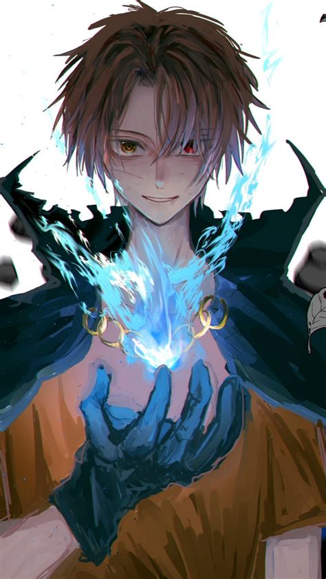 Download 1080x1920 Anime Boy Spell Magician Cape Smiling Gloves Heterochromia Wallpapers
