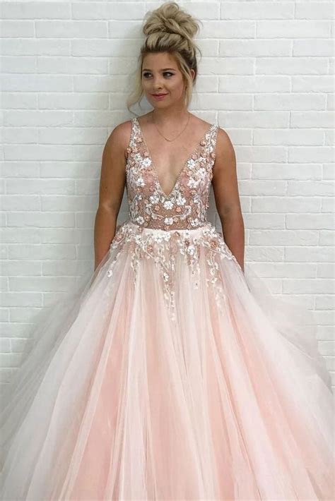 Light Pink V Neck Sleeveless Tulle Prom Dress With Flowers And Beads N