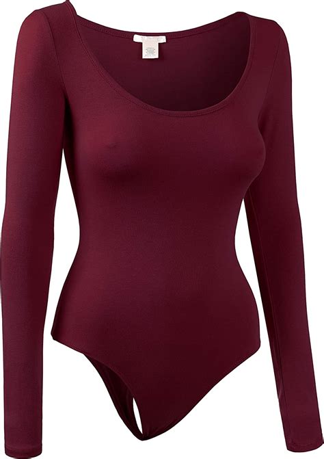 Bektome Womens Solid Scoop Neck Long Sleeve Classic Bodysuit Thong L