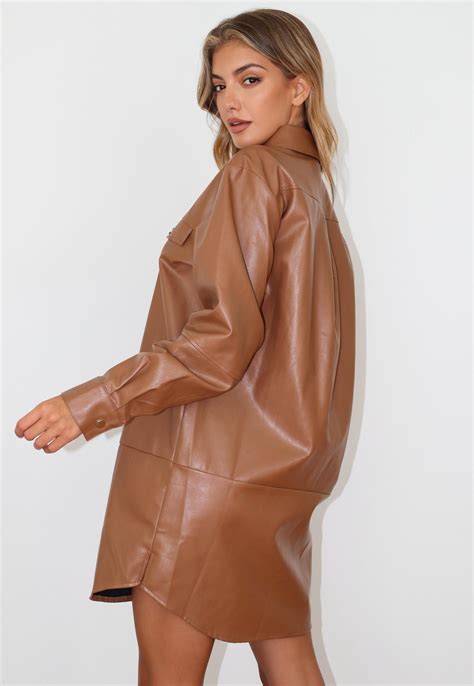 Brown Faux Leather Panel Oversized Shirt Dress | Missguided