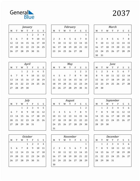 2037 Blank Yearly Calendar Printable