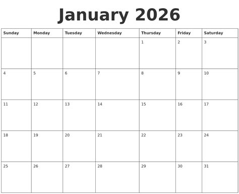 January 2026 Blank Calendar Template
