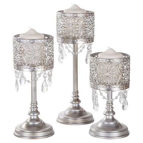 Silver Candle Holder Set With Crystals Metal Pillar Wedding Accent