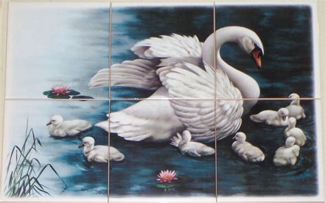 Swan With Signets 6 Of 6 Mural Ceramic Tile Mural Kiln Fired Back