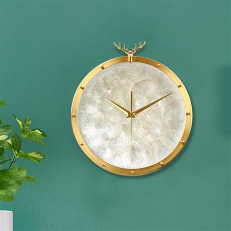 Luxury Deer Solid Brass Wall Clock Silent Seashell Dial Brushed Gold