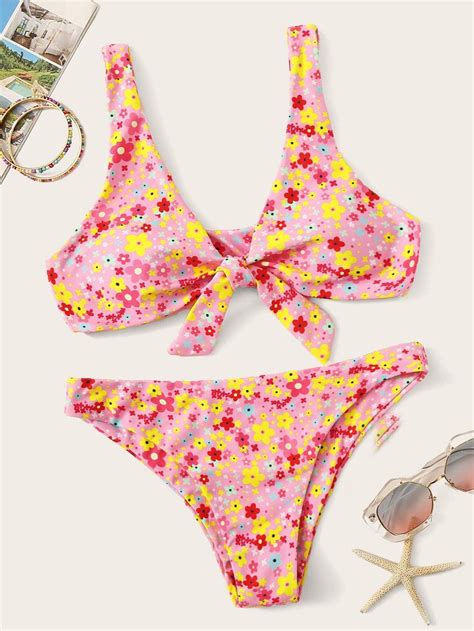 Calico Print Knot Front Bikini Set | Bikini floral prints, Bikini set, Bikini set high waist