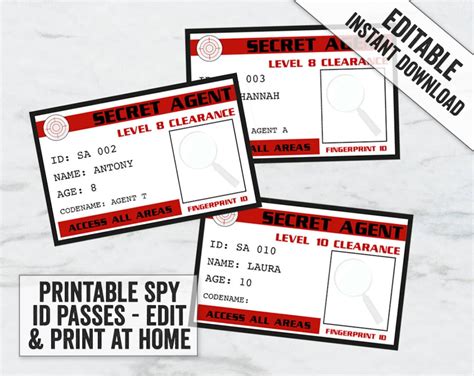 Printable Secret Agent Id Passes Editable Spy Party Identification