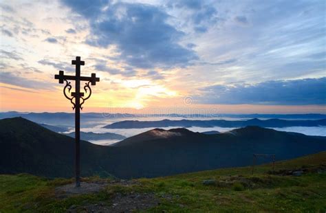 Summer Sunset Mountain View With Cross Stock Image Image Of Highland