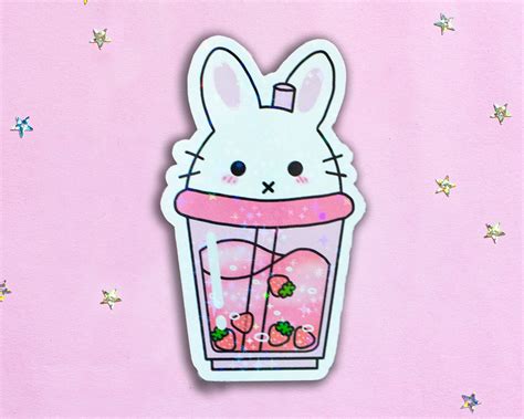 Boba Bunny Holographic Star Effect Kawaii Sticker Bubble Etsy