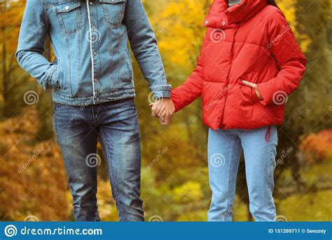 Loving Young Couple Holding Hands In Autumn Park Stock Image Image Of