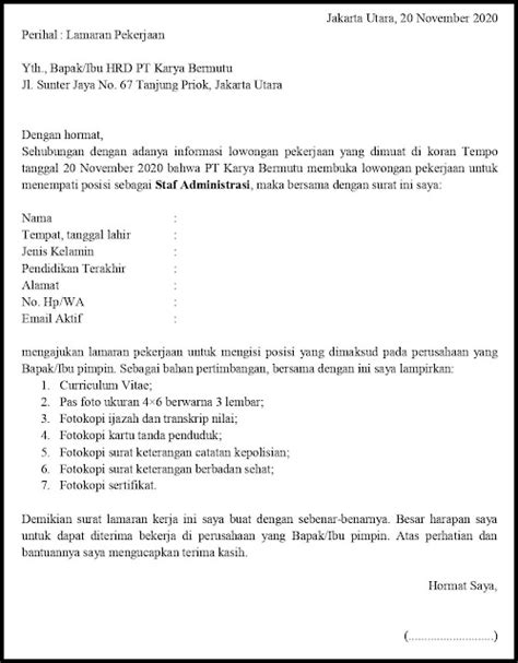 Contoh Surat Lamaran Kerja Staff Administrasi Di Universitas - Pamuruyan