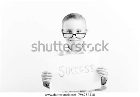 Happy Goodlooking Boy Holding Paper Inscription Stock Photo 796284118