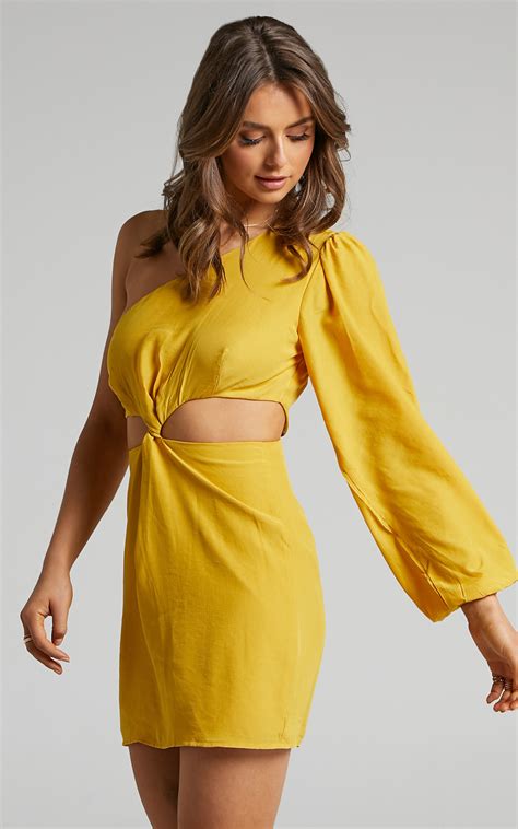 Glannica One Shoulder Mini Dress With Twist Front In Yellow Showpo Usa