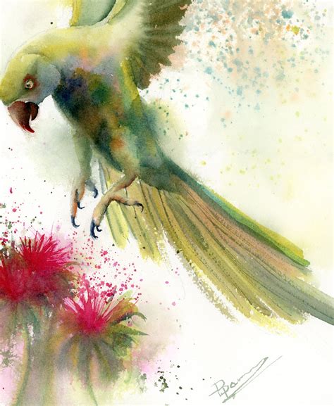 Watercolor Parrot Original Painting Flying Bird With Pink Etsy