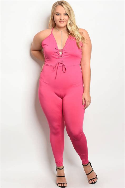Plus Size Spandex Blend Fitted Jumpsuit With A V Neckline With Lace Up