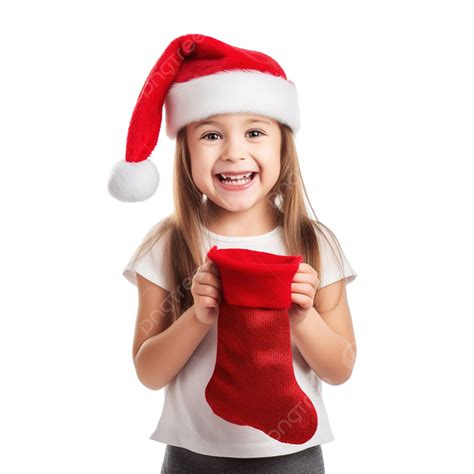 فتاة صغيرة ترتدي قبعة سانتا وتحمل جورب عيد الميلاد هدية الاطفال فتاة عيد الميلاد هدية سانتا
