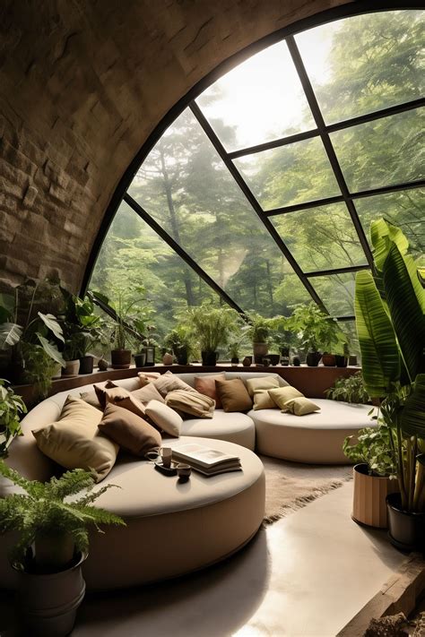Bio-Dome Oasis: Nature Infused Futuristic Living Room in 2023