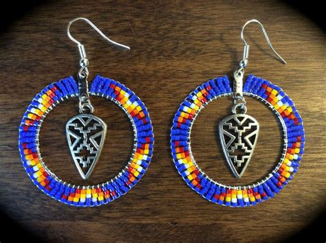 Beaded Hoop Earrings W Spearhead Native American Style Beadwork Blue
