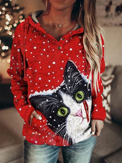 Christmas Cat Women Hoodie And Sweatshirt Red Long Sleeve Tops Women