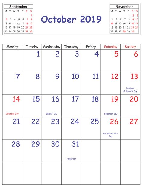 October 2019 Calendar With Holidays Usa Uk Canada India Australia