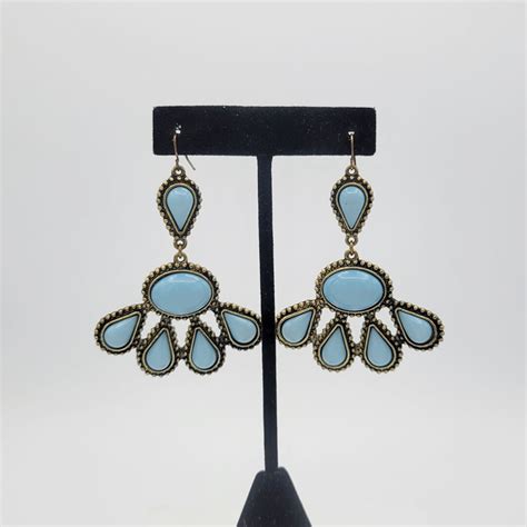 Vintage Antique Gold Tone Bohemian Dangle Earrings With Baby Blue