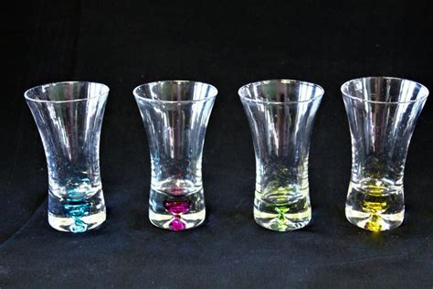 Vintage Colored Bubble Base 2 Oz Hand Blown Crystal Shot Cordial Glass Set Of 4 Multi Colored