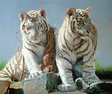 White Tiger Cubs Playing Painting By Pip Mcgarry Pixels