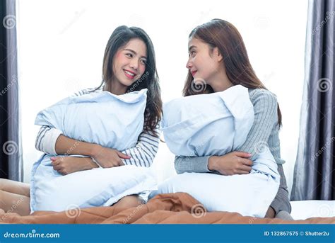 Two Asian Lesbian Looking Together In Bedroombeauty Concept Stock