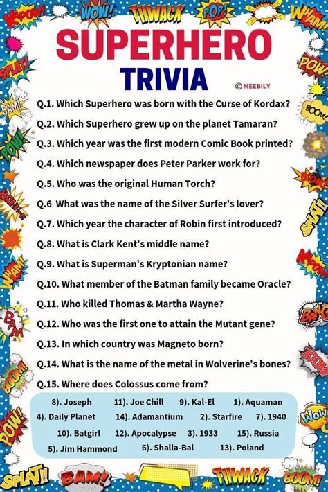 Create and print a quiz with trivia questions in random categories or in any subcategory of your choice. 100+ 100+ Superhero Trivia Questions & Answers - Meebily ...