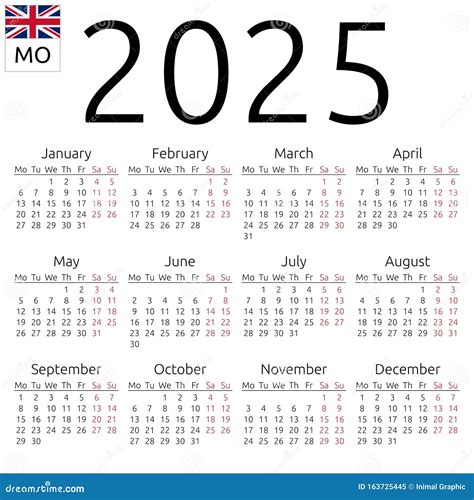 Calendario 2025 Inglés Lunes Ilustración Del Vector Ilustración De